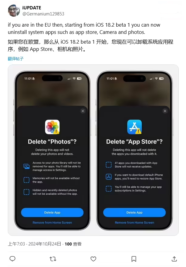 临夏市苹果手机维修分享iOS 18.2 支持删除 App Store 应用商店 